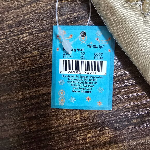 Gold Embroidered Satin Drawstring Pouch 4"x3.5" Spirit Of India Wedding Dance - Picture 5 of 7